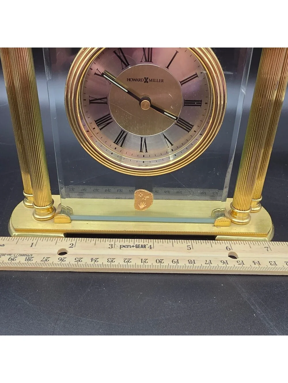 Vintage Howard Miller Athens Brass Glass Clock 613-627 Heavy Table Clock Working
